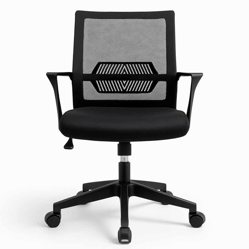 Wooden Twist ergonomic black mesh office chair on white background