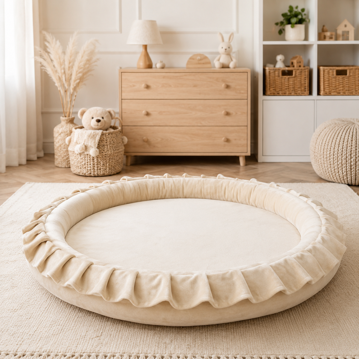 Wooden Twist Beige Velvet Baby Playmat in nursery – additional lifestyle view