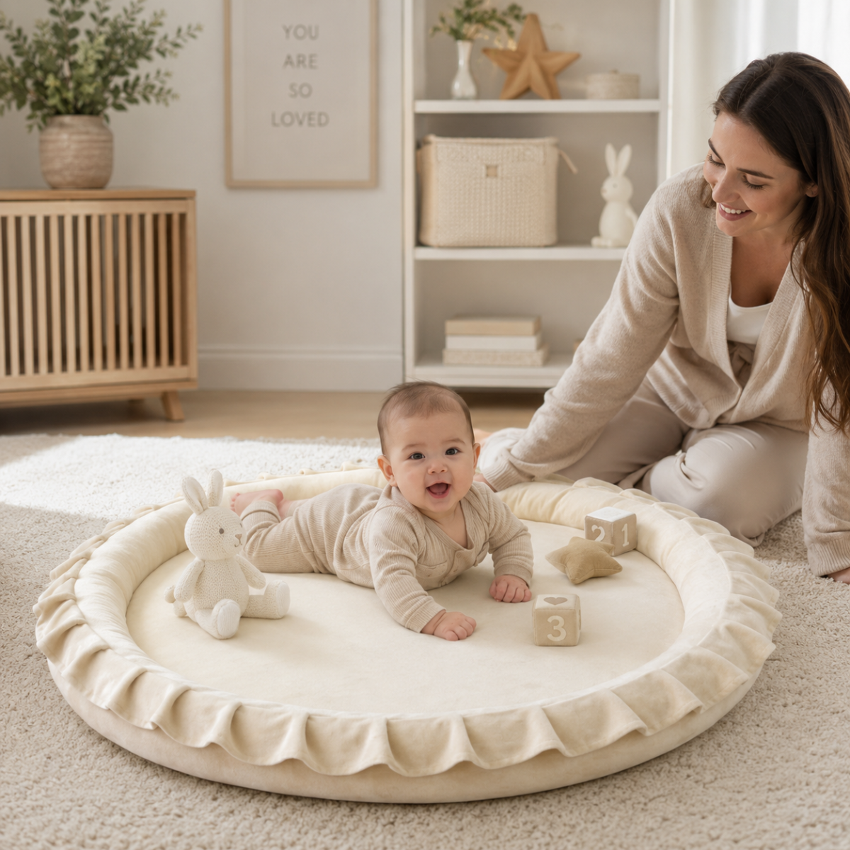 Wooden Twist Beige Velvet Baby Playmat on rug in nursery – additional lifestyle view