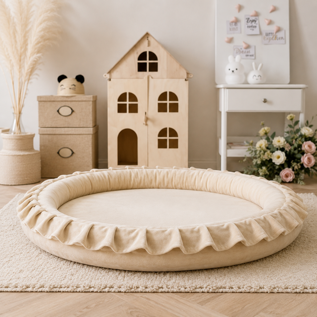 Wooden Twist Beige Velvet Baby Playmat – white background product shot