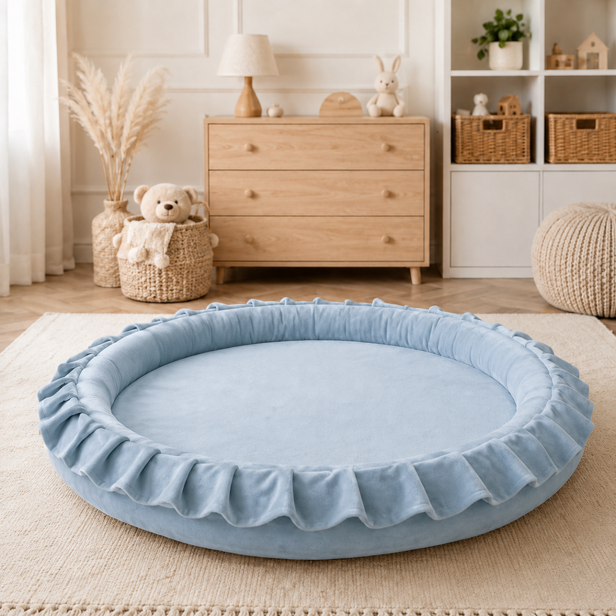 Wooden Twist Luxury Round Velvet Padded Baby Playmat in Blue – nursery lifestyle view