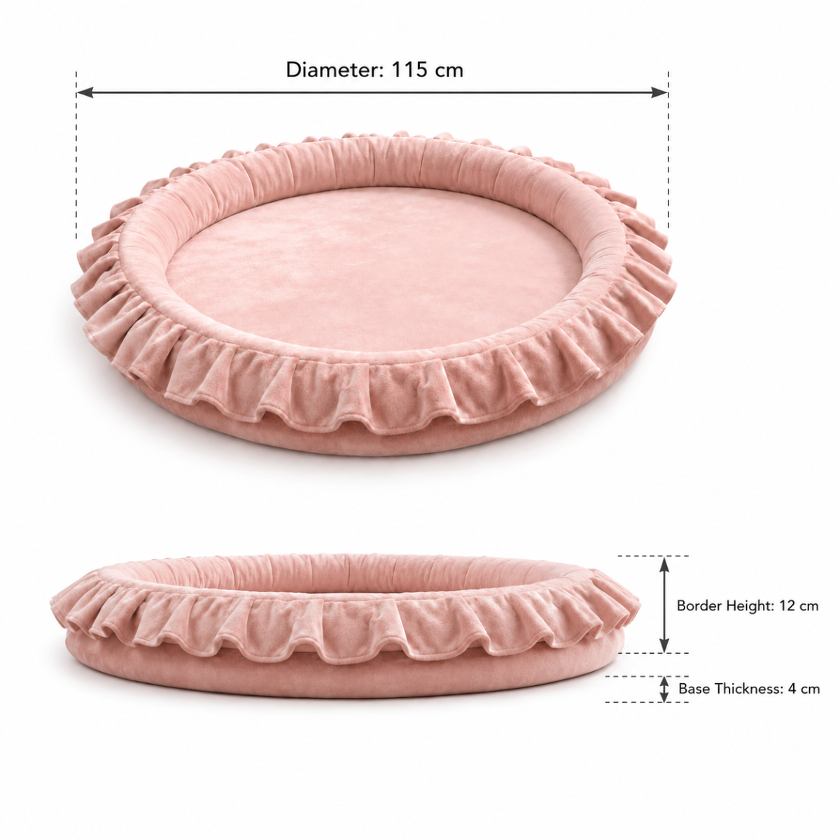 Wooden Twist Pink Velvet Baby Playmat dimensions – 115 cm diameter, 12 cm border height, 4 cm base thickness