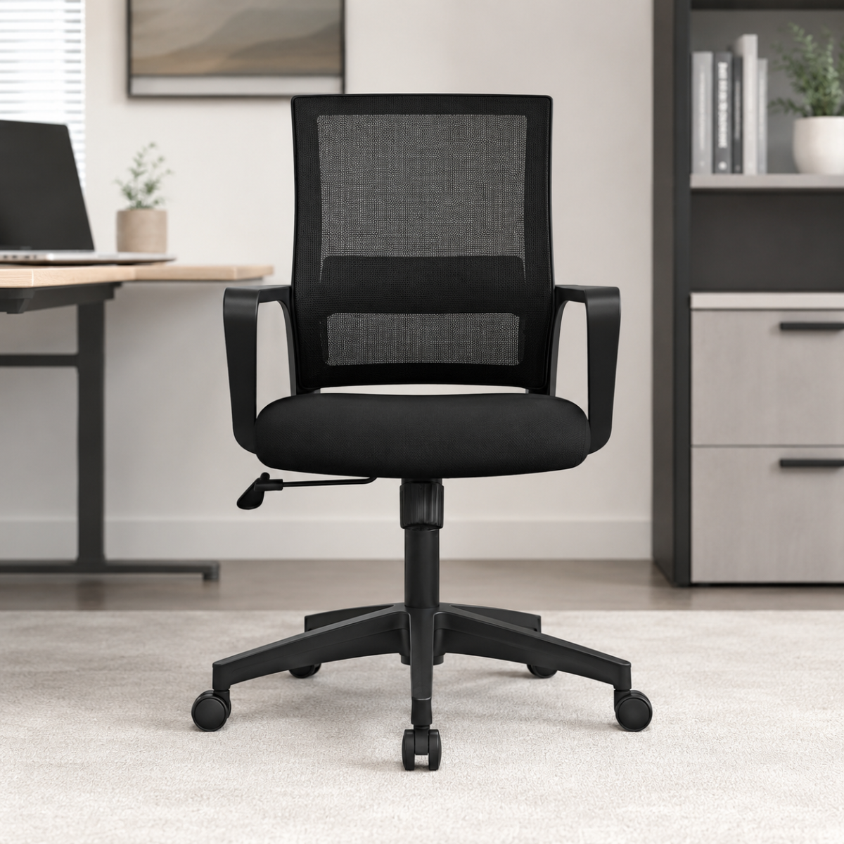 Wooden Twist black mesh office chair front view in a bright home office
