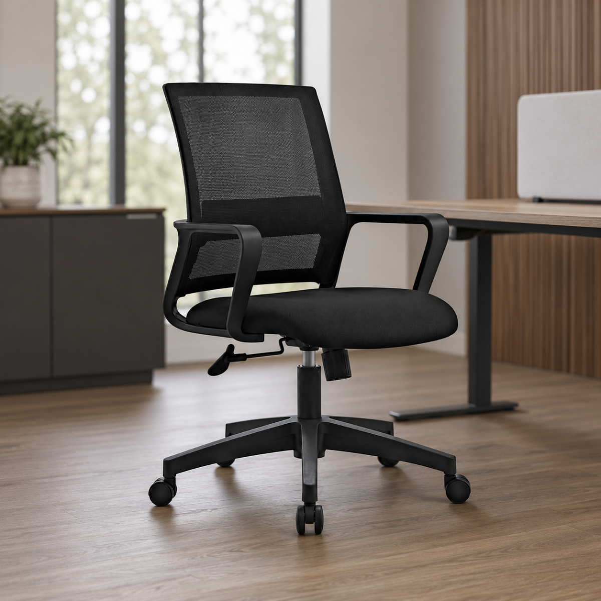 Wooden Twist ergonomic black mesh office chair in a modern office - lifestyle view
