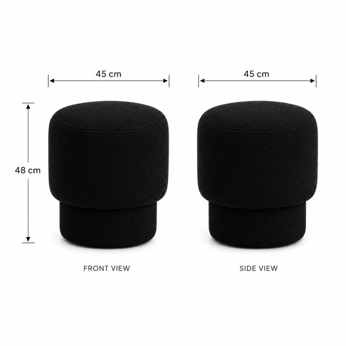 Wooden Twist Mushroom Bouclé Ottoman Stool in Black dimensions – 45 x 45 x 48 cm front and side view