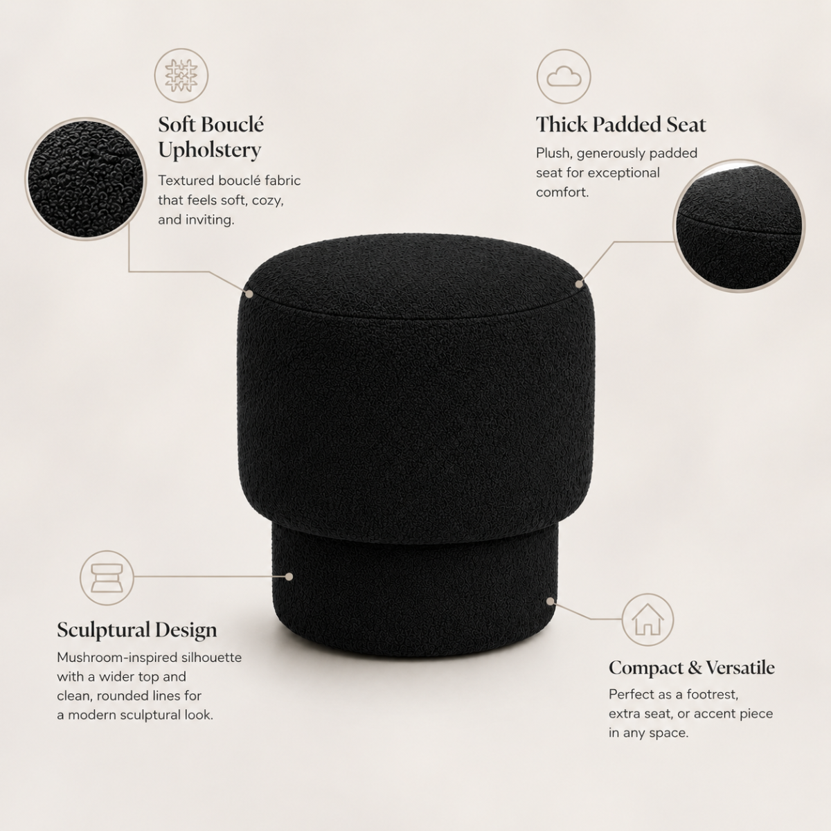 Wooden Twist Mushroom Bouclé Ottoman Stool in Black feature callouts – bouclé upholstery, padded seat, sculptural design, compact versatile