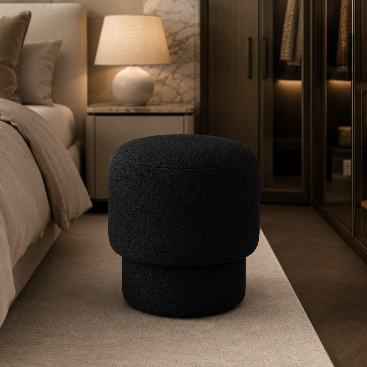 Wooden Twist Mushroom Bouclé Ottoman Stool in Black – additional lifestyle view
