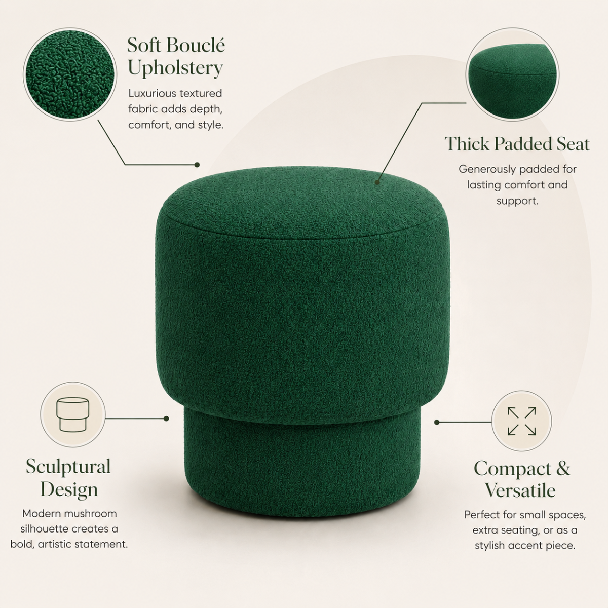 Wooden Twist Mushroom Bouclé Ottoman Stool in Green feature callouts – bouclé upholstery, padded seat, sculptural design, compact versatile