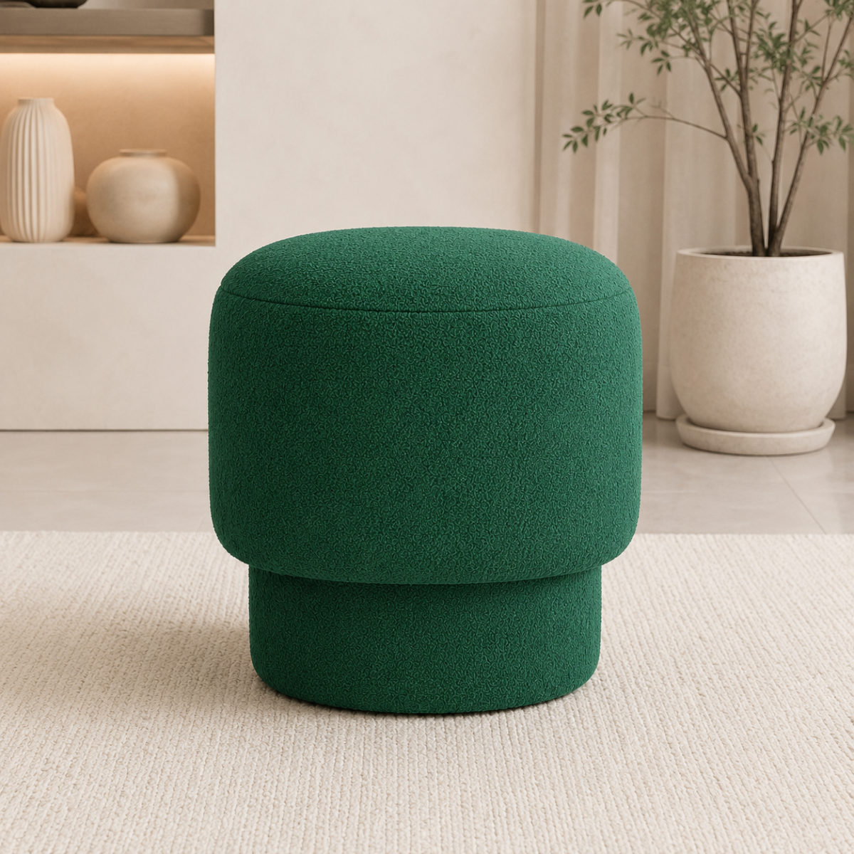 Wooden Twist Mushroom Bouclé Ottoman Stool in Green – additional lifestyle view