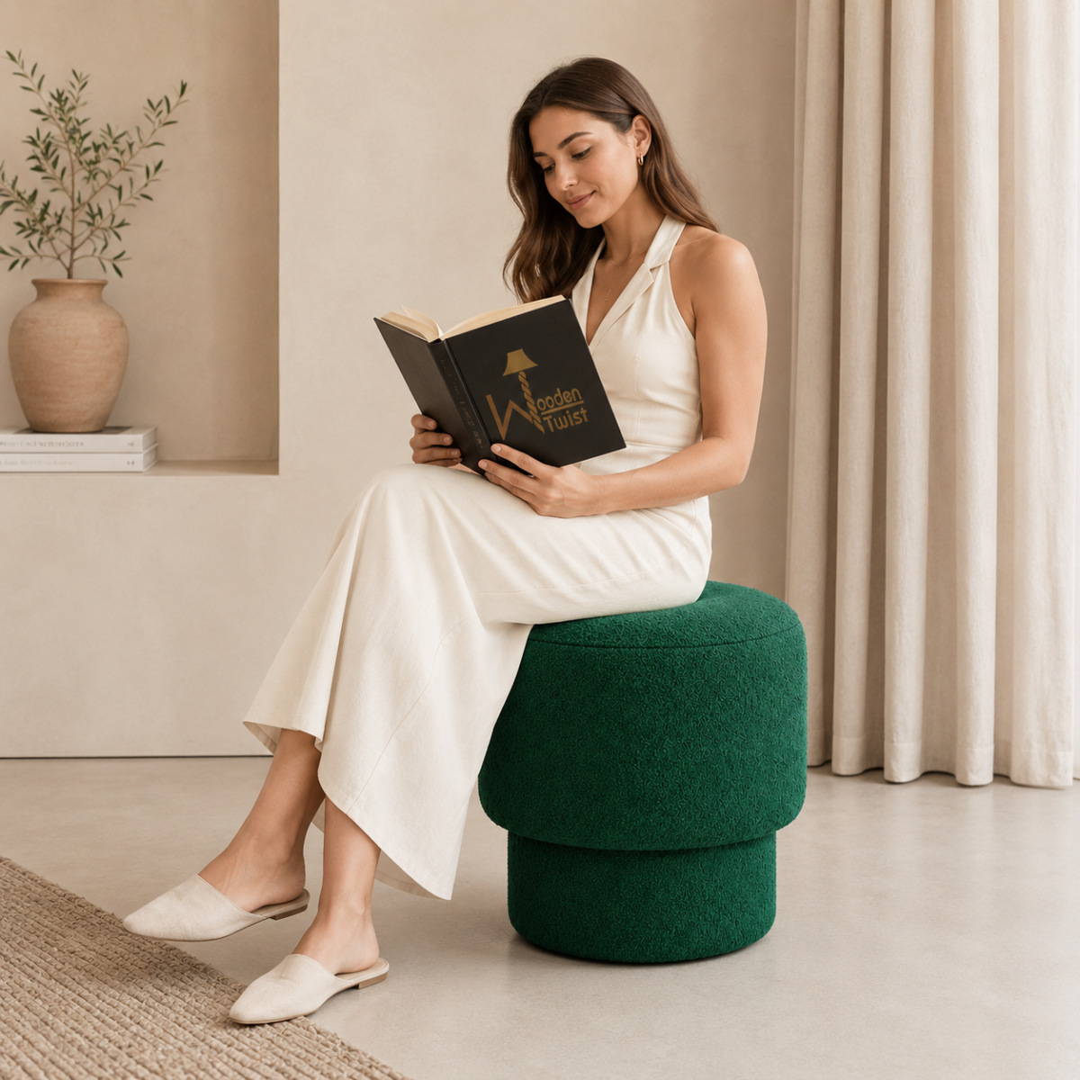 Person using Wooden Twist Mushroom Bouclé Ottoman Stool in Green – additional lifestyle with model