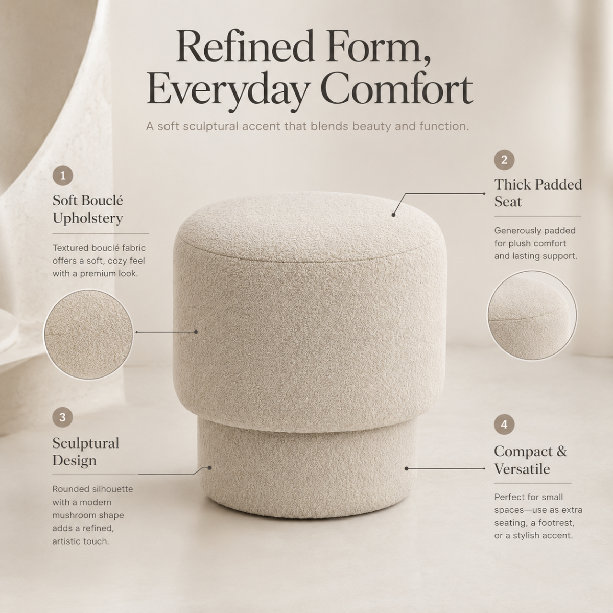 Wooden Twist Mushroom Bouclé Ottoman Stool in Off White feature callouts – bouclé upholstery, padded seat, sculptural design, compact versatile