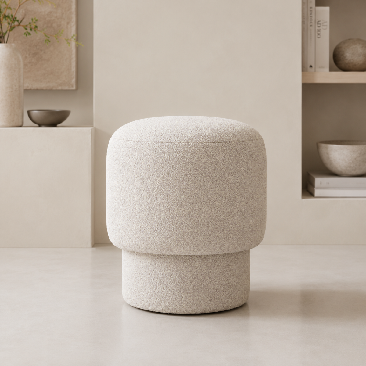 Wooden Twist Mushroom Bouclé Ottoman Stool in Off White – additional lifestyle view