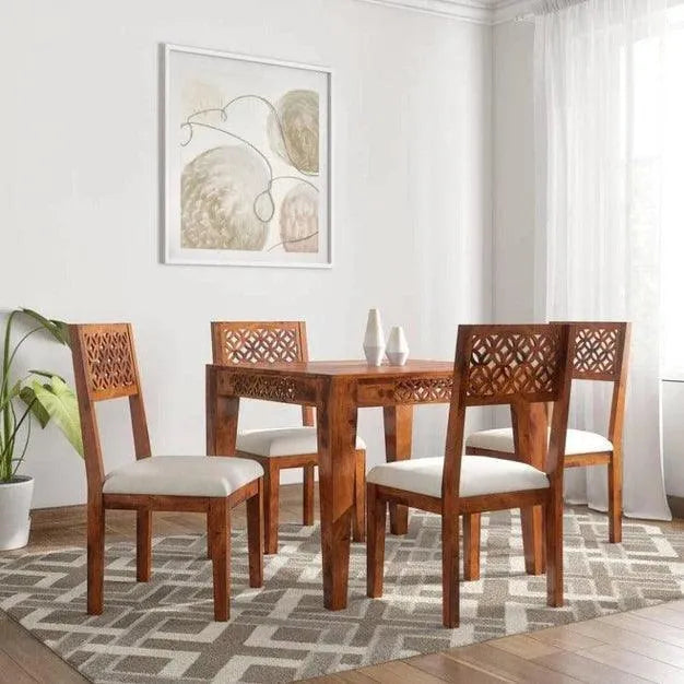 Carved Designer Teak Wood Dining Table & Chairs In Matte Finish - Wooden Twist UAE