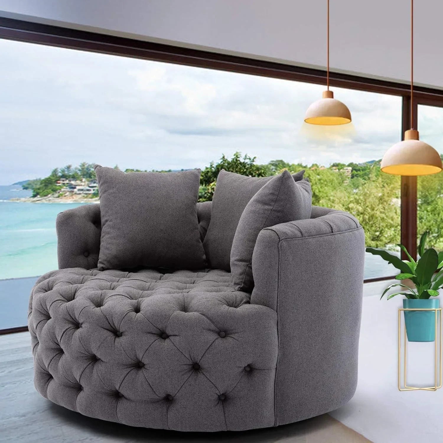 Wooden Twist Barrel Button Tufted Design Modern Round Sofa For Living Room with 3 Pillows - Wooden Twist UAE