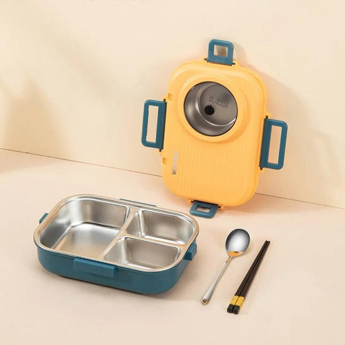 Raafi Stainless Steel Yellow Tiffin Box Lunch Box Kids Adults With Soup Bowl, Bag, Spoon, Fork, Chopsticks 1100 ml