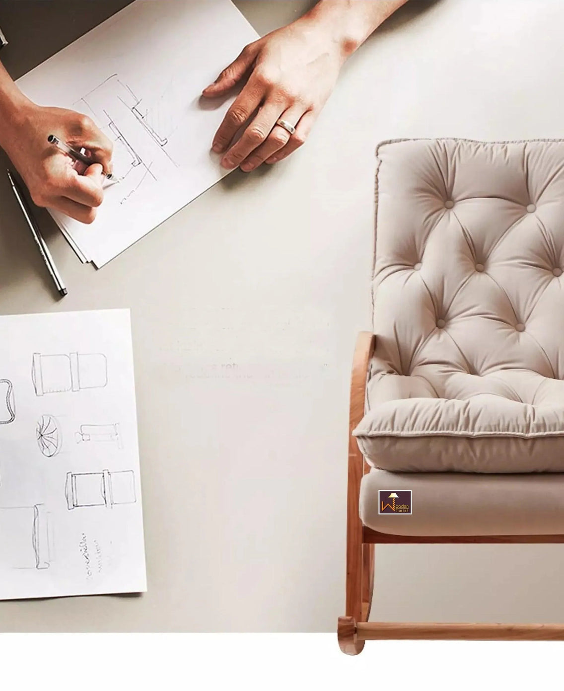 مصمم خصيصًا لإتقان التصميم - قم بتخصيص كرسيك الهزاز في Wooden Twist. اختر اللمسات النهائية والأقمشة والتصميمات التي تتناسب مع أسلوبك الفريد