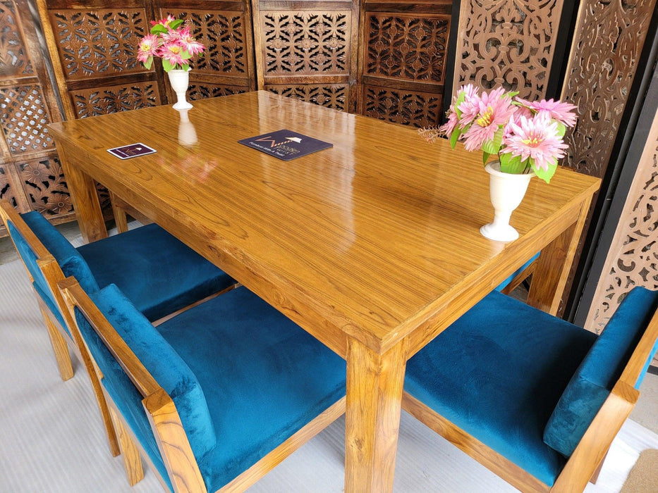 Royal Teak Wood 6 Seater Dining Set In Teal Blue