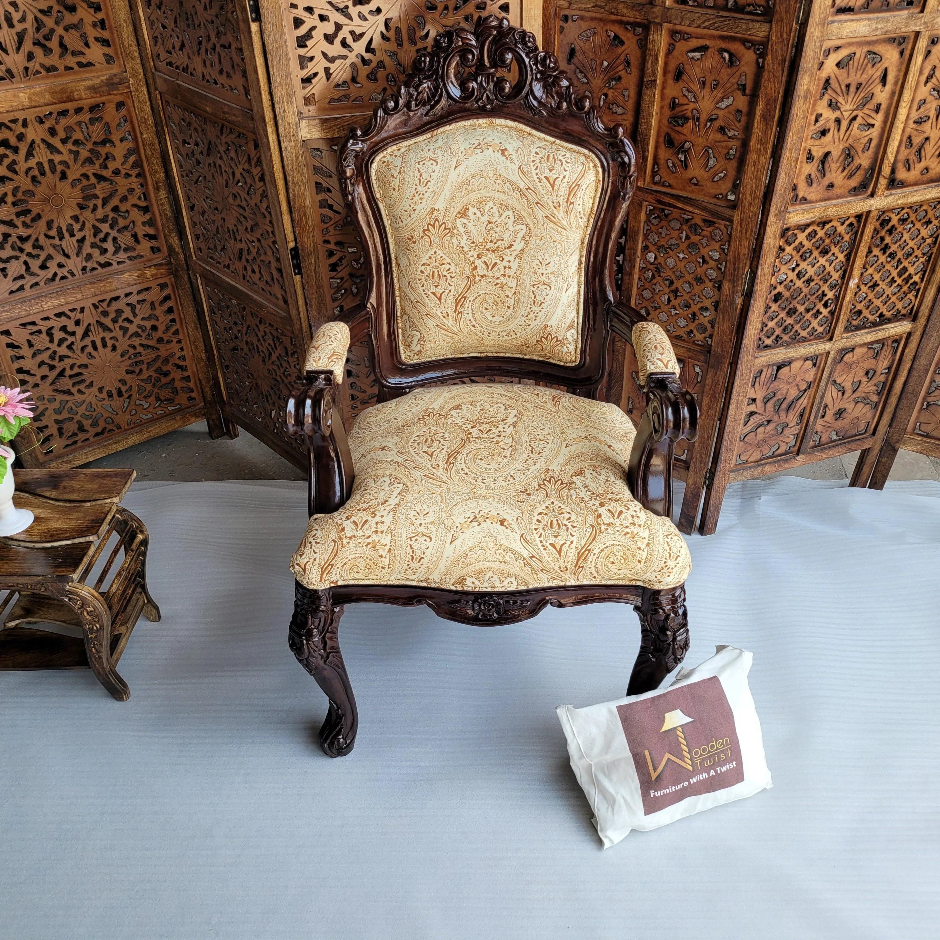 Teak Wood Carved Victorian Armchair - WoodenTwist