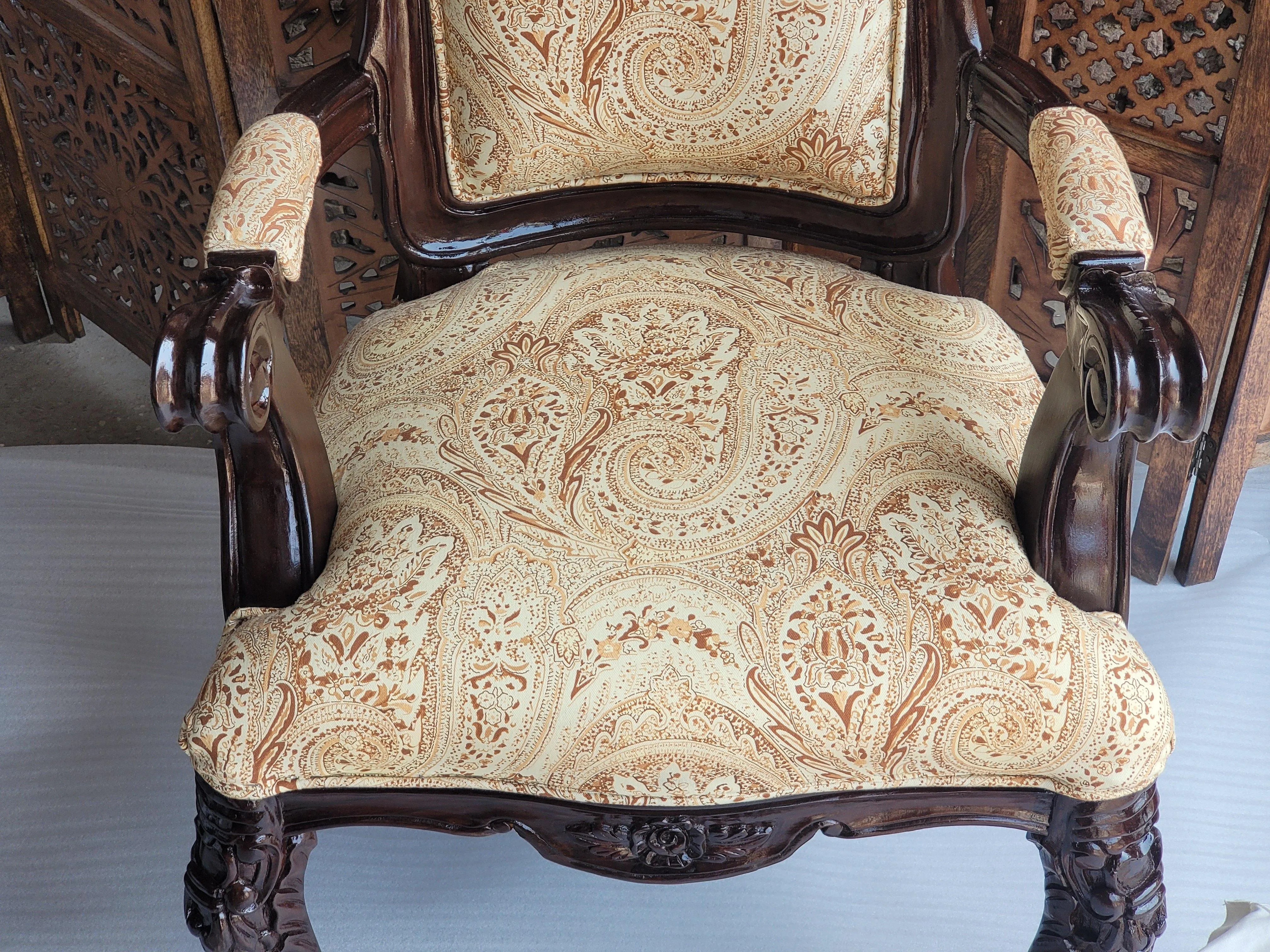 Teak Wood Carved Victorian Armchair - WoodenTwist