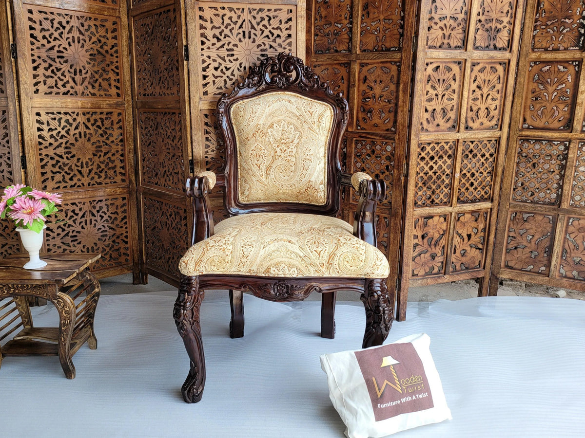 Teak Wood Carved Victorian Armchair - WoodenTwist