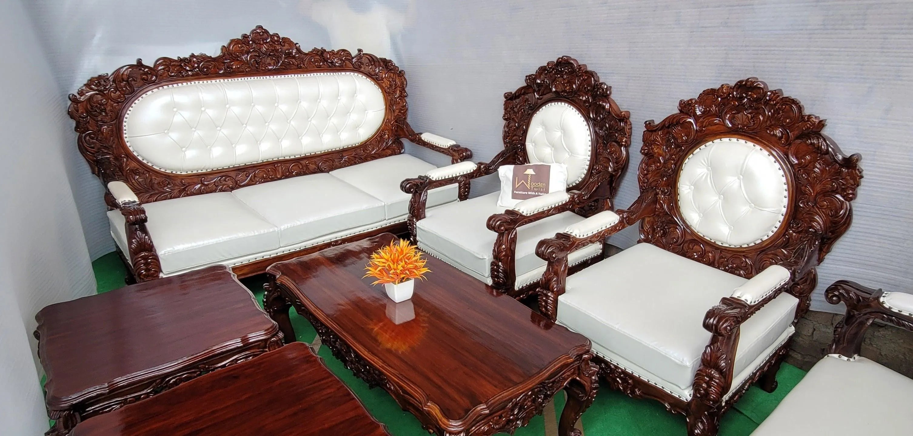 Royal Antique Brown Carved Sofa Set - Wooden Twist UAE