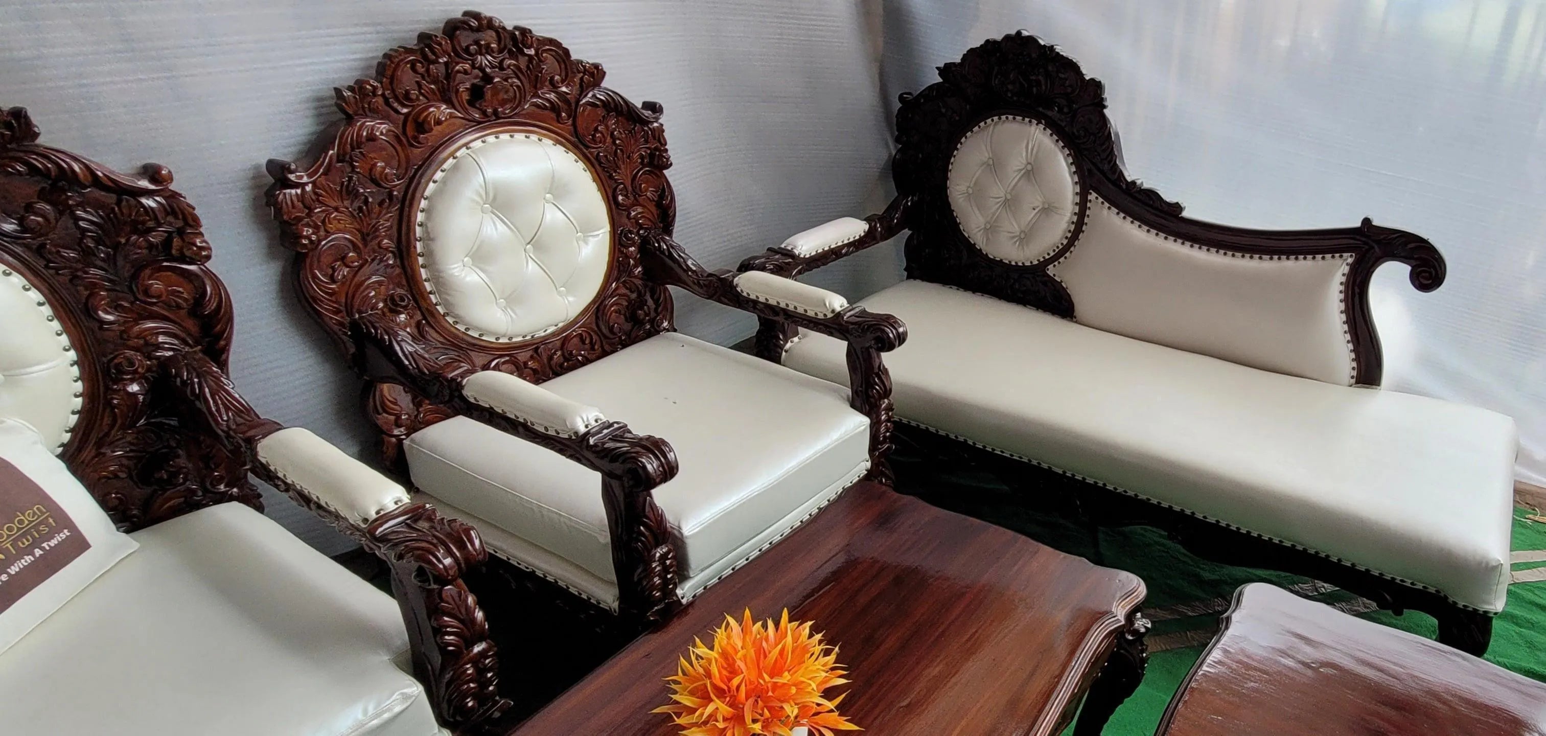 Royal Antique Brown Carved Sofa Set - Wooden Twist UAE