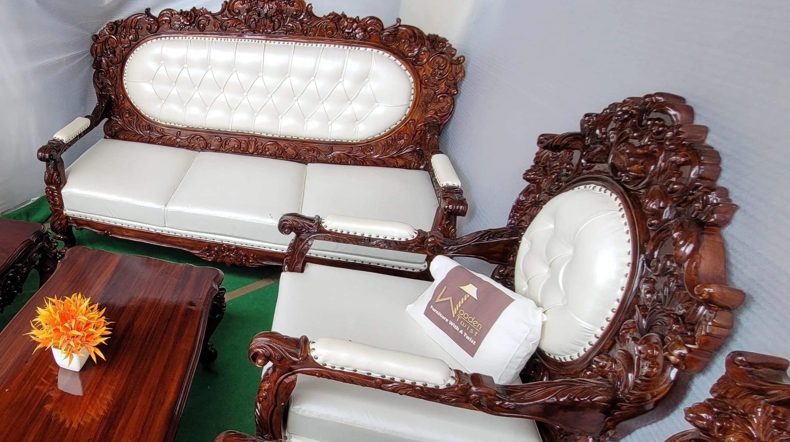 Royal Antique Brown Carved Sofa Set - Wooden Twist UAE