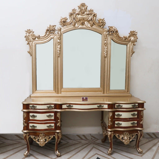 Royal Gold Luxury Hand Carved Wooden Teak Wood Dressing Table with Mirror - Wooden Twist UAE