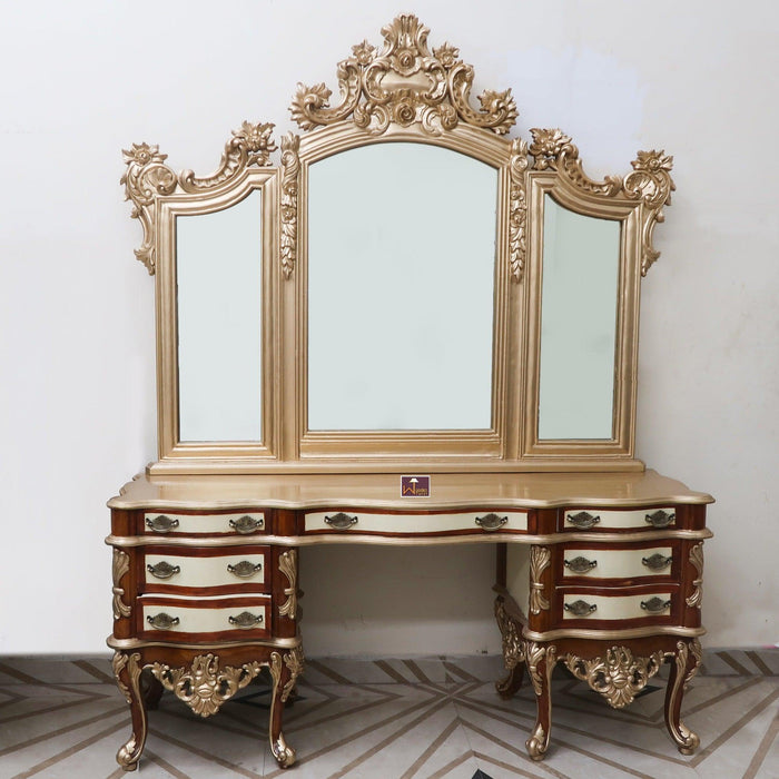 Royal Gold Luxury Hand Carved Wooden Teak Wood Dressing Table with Mirror