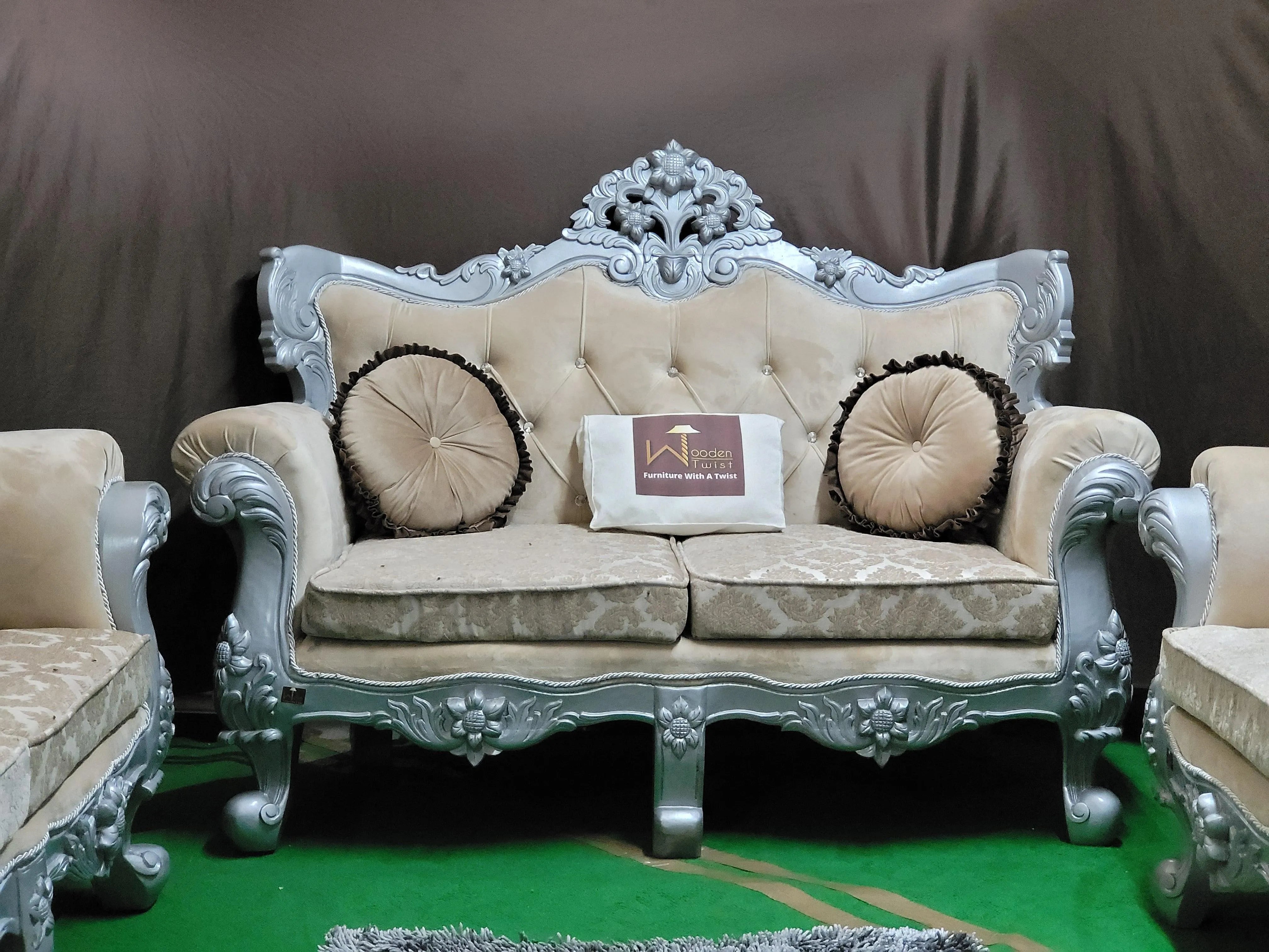 Royal Antique Silver Carved Maharaja Sofa Set - Wooden Twist UAE