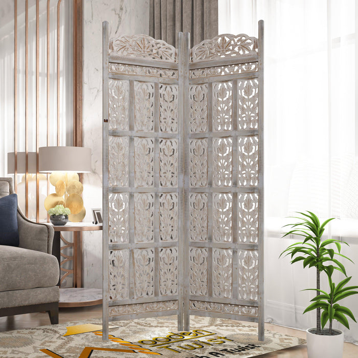 Carved Wood Room Divider Screen Antique White Wash Rustic Finish - Wooden Twist UAE
