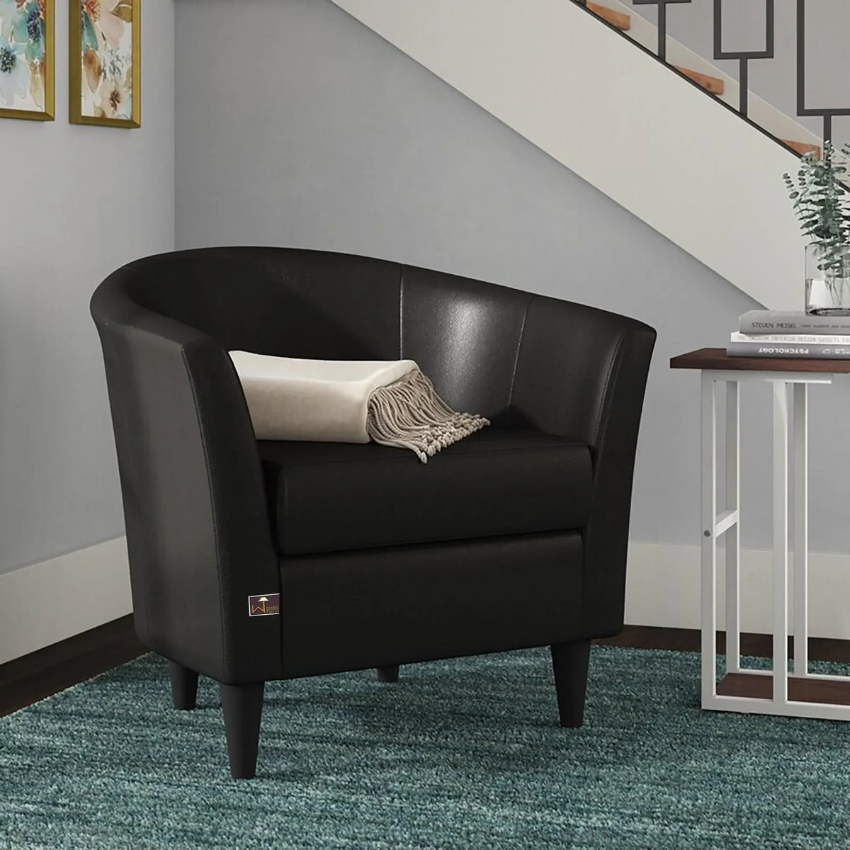 A Wide, Wood-Framed Accent Chair in Black
