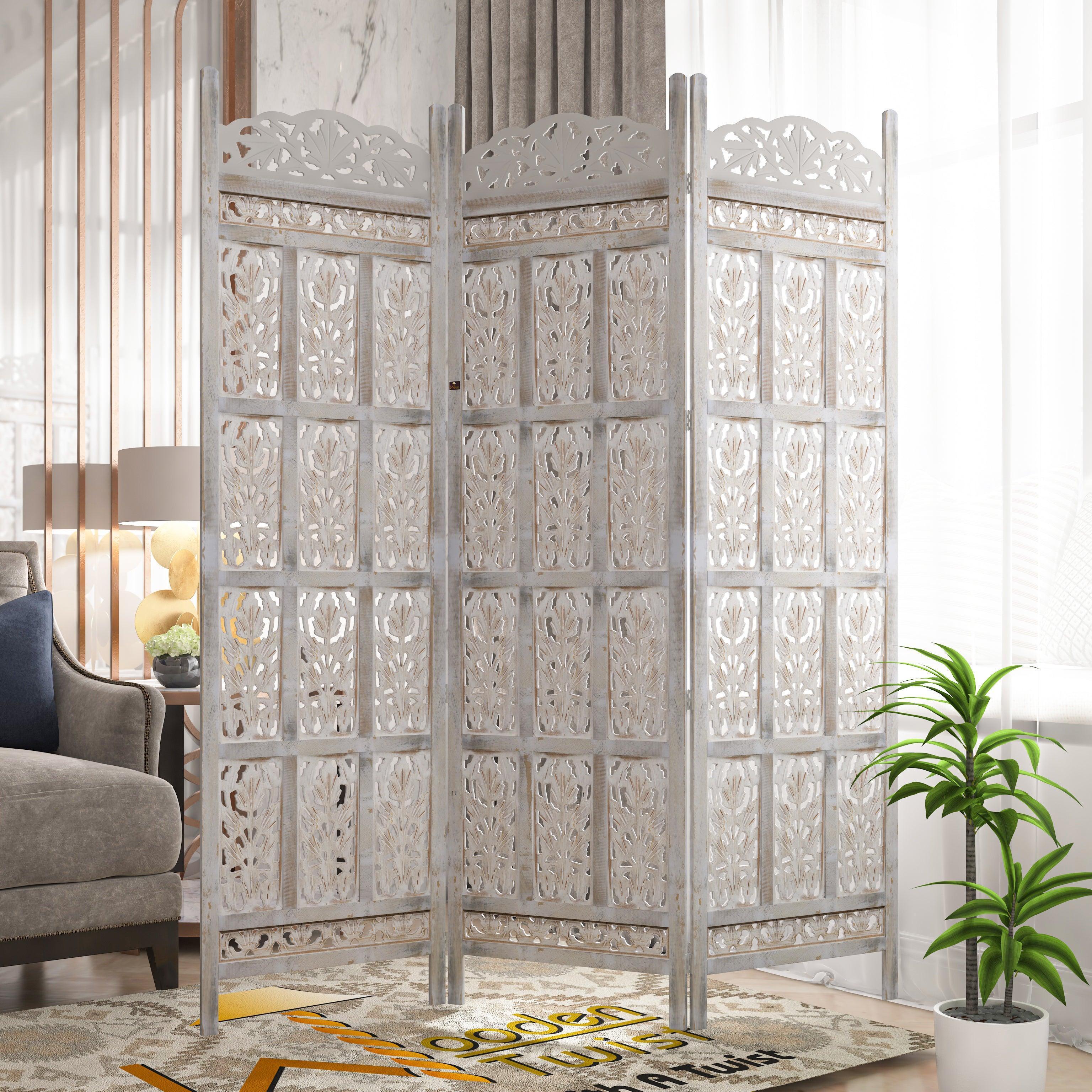 Carved Wood Room Divider Screen Antique White Wash Rustic Finish - Wooden Twist UAE