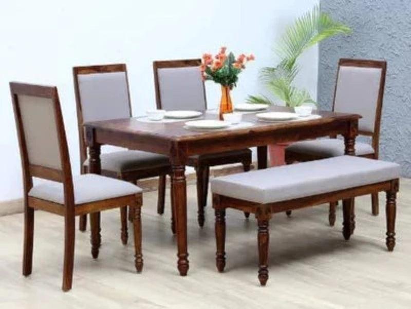 Hand Carved Compact Design 6 Seater Dining Set with 1 Bench - Wooden Twist UAE