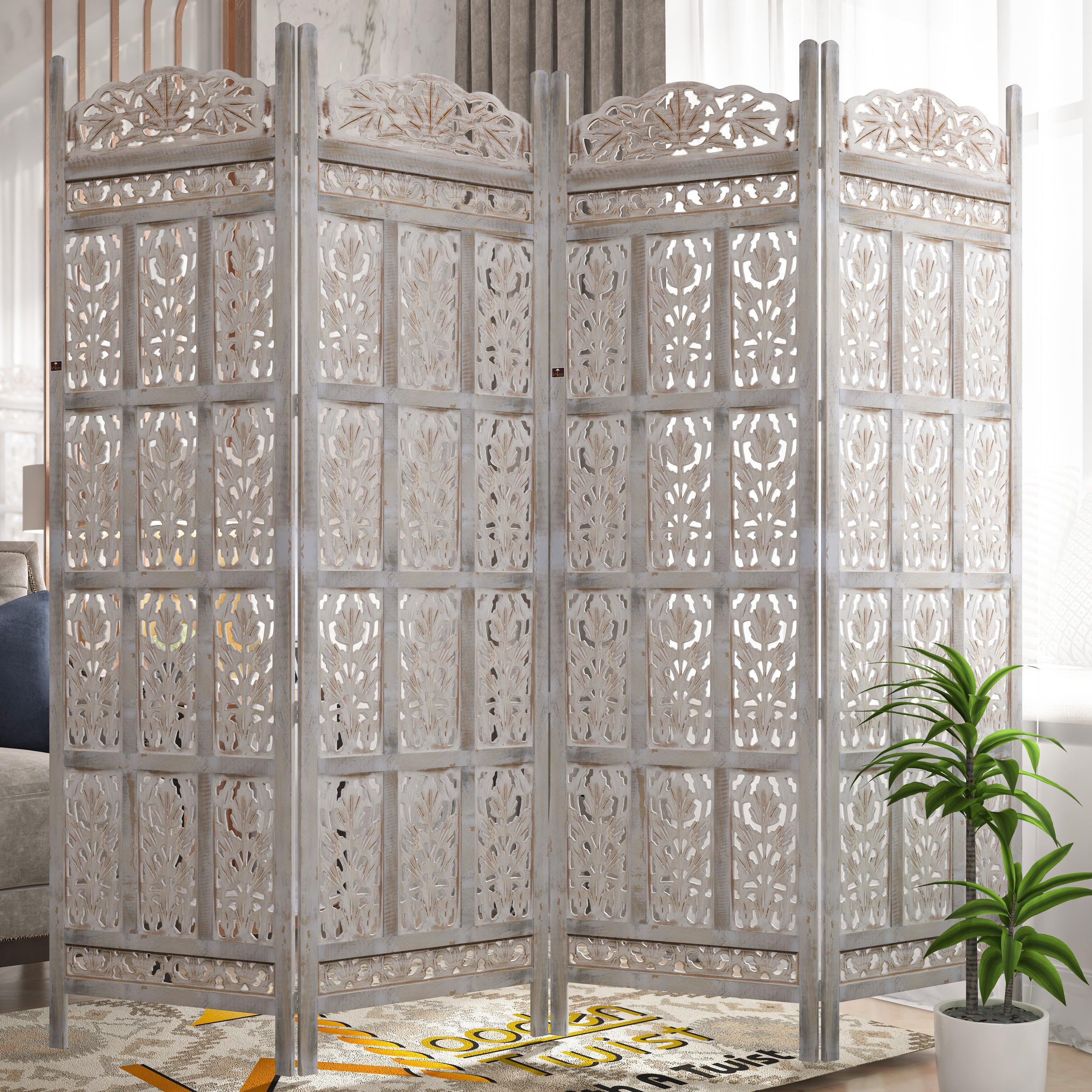 Carved Wood Room Divider Screen Antique White Wash Rustic Finish - Wooden Twist UAE