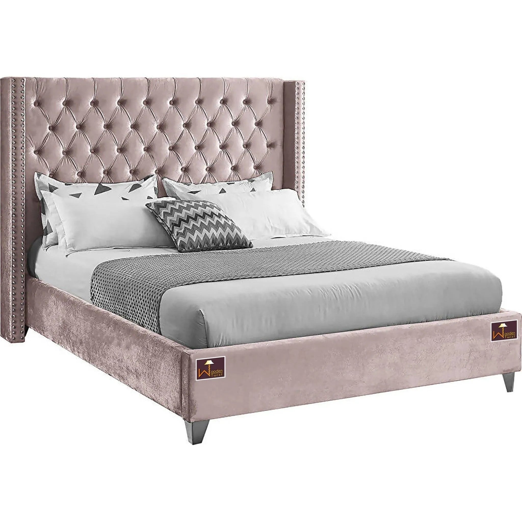 Upholstered Panel Bed Frame with Diamond Tufted and Nailhead Trim Wingback Headboard, Queen Size - Wooden Twist UAE