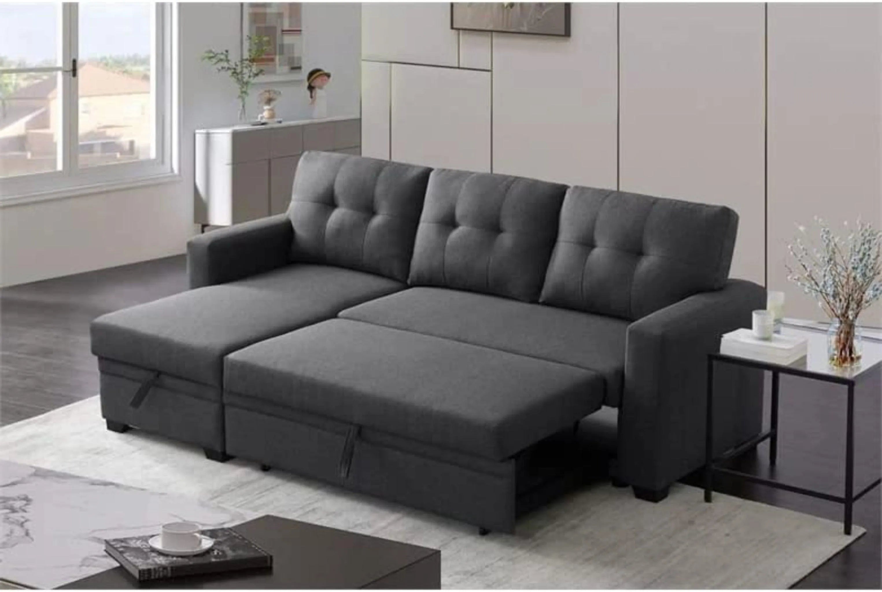 L-Shape Sectional Sleeper Sofa Cum Bed 5 Seater - Wooden Twist UAE