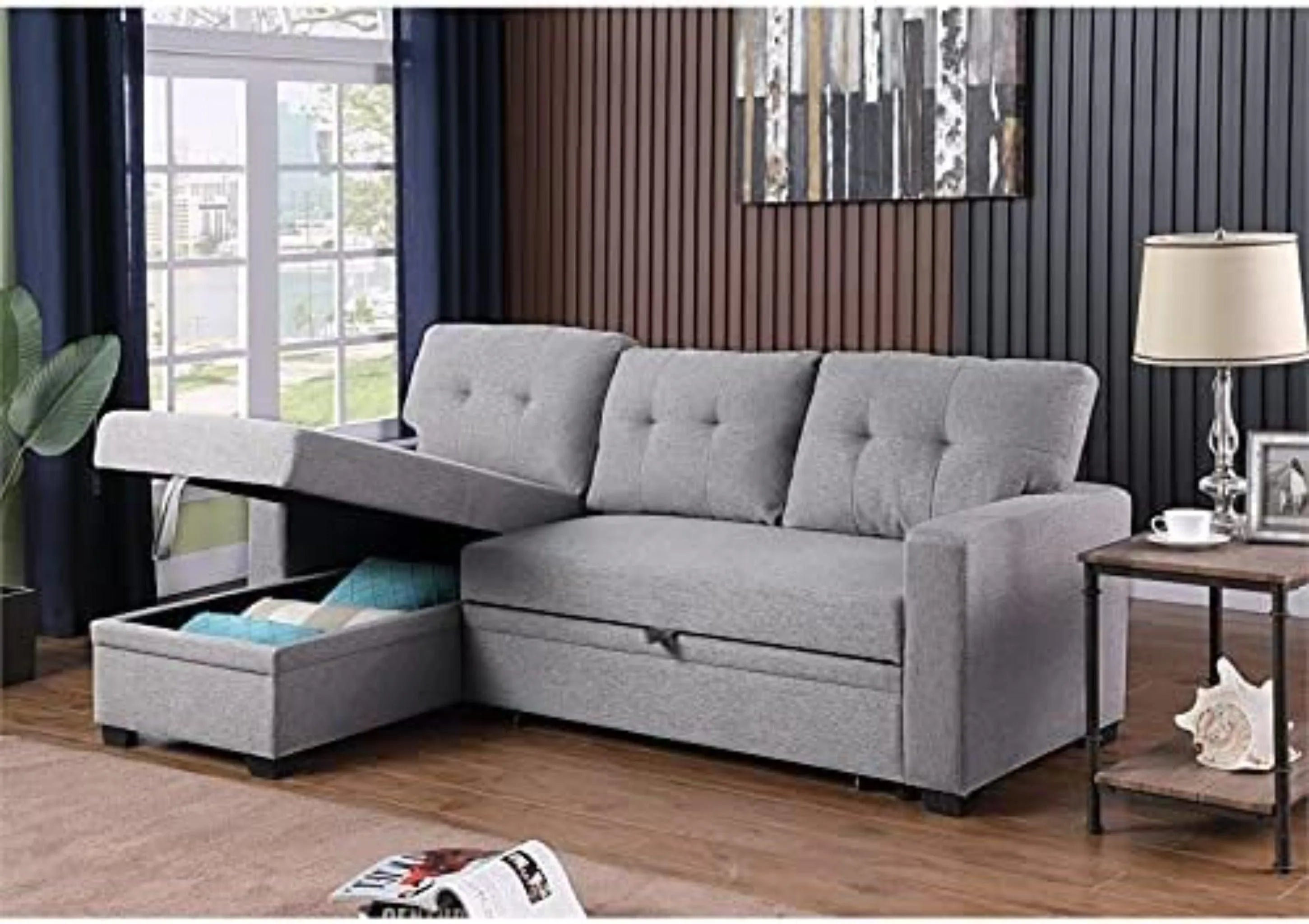 L-Shape Sectional Sleeper Sofa Cum Bed 5 Seater - Wooden Twist UAE