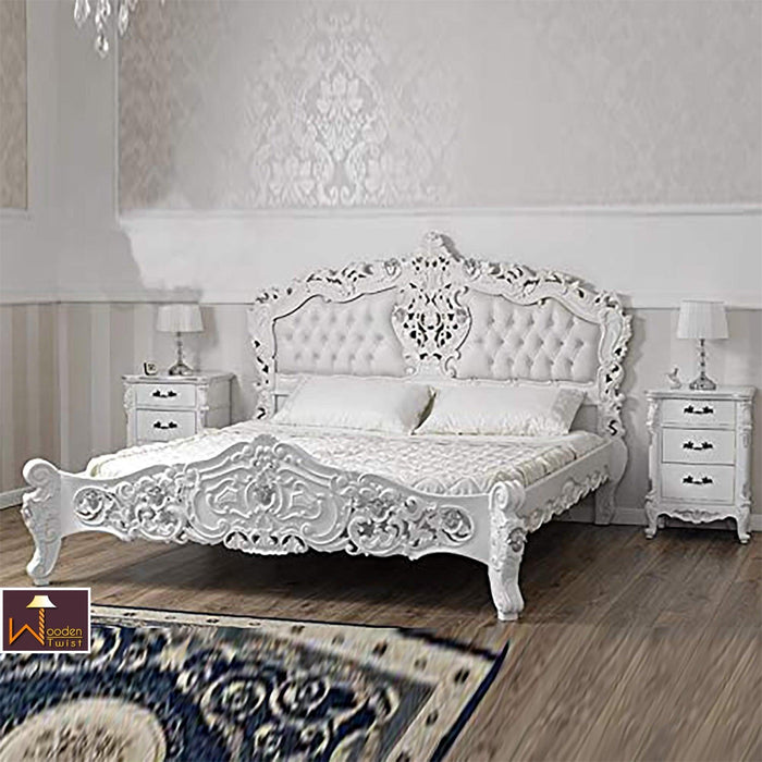 Super king Size Teak Wood Bed Heavy Carved with Cushioned Design - Wooden Twist UAE