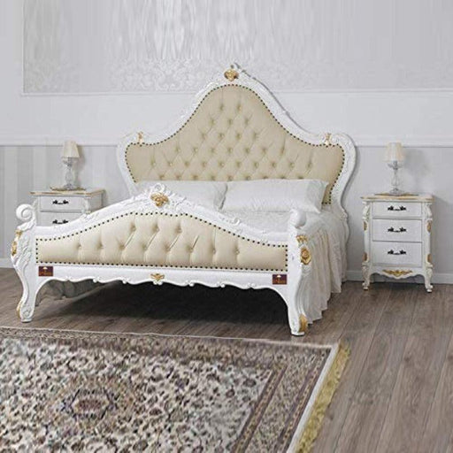 White Queen Size Teak Wood Bed Hand Carved with Cushioned Design - Wooden Twist UAE