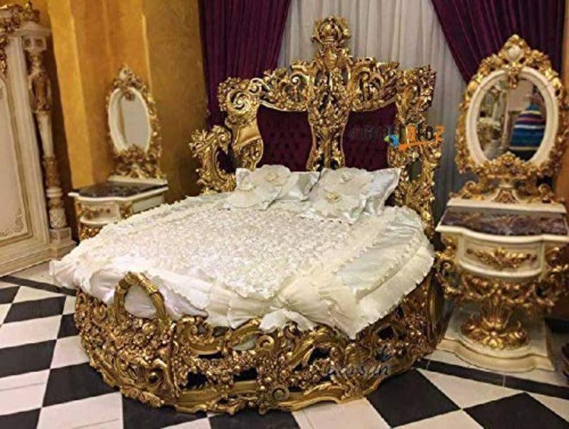 Wooden King Size Round Luxury Bed With Two Side Table (Teak Wood, Golden) - Wooden Twist UAE