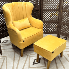 Harden Wide Tufted Wingback Chair With Footrest - Wooden Twist UAE