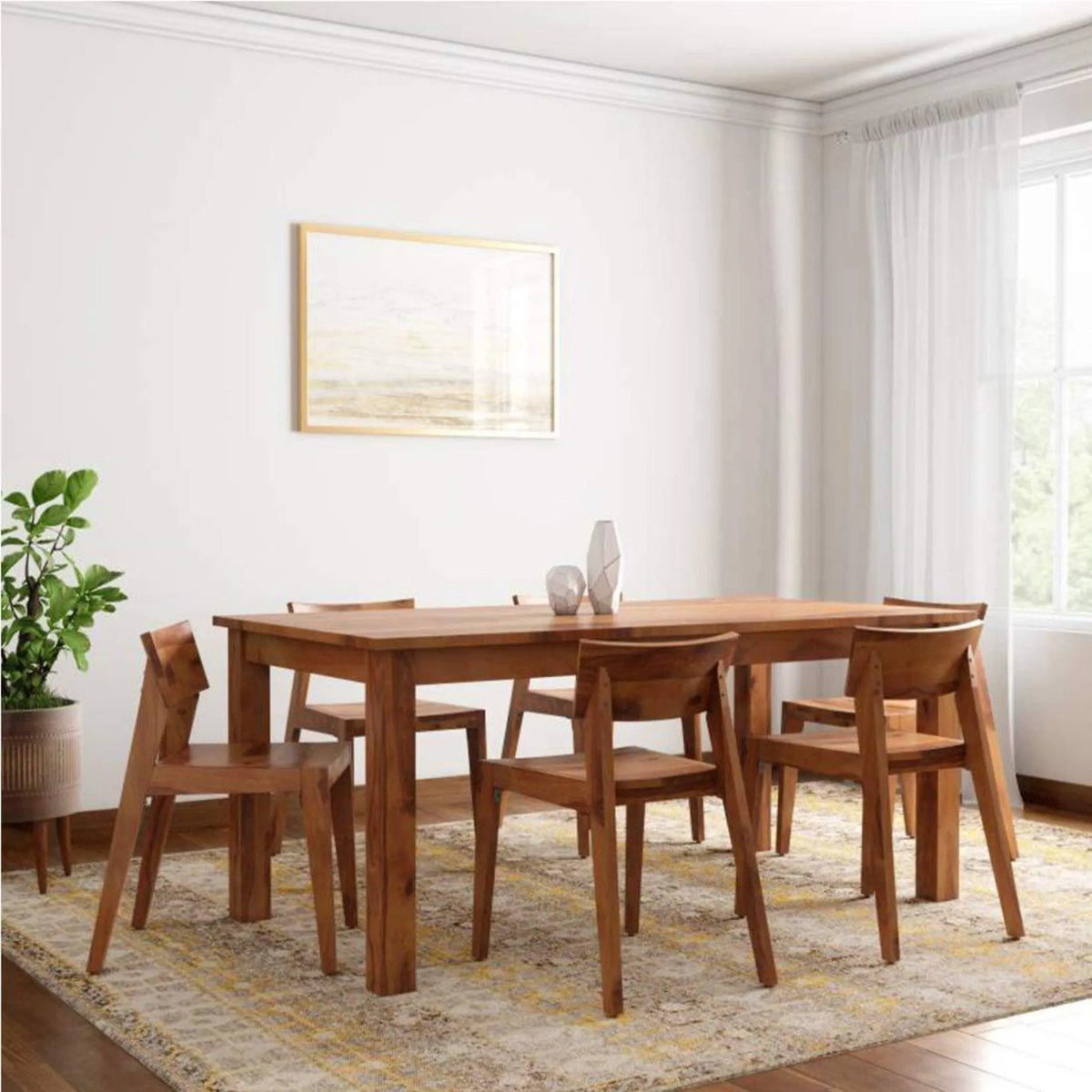 6 Seater Dining Table with Chairs for Living Room (Teak Wood) - Wooden Twist UAE