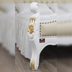 White Queen Size Teak Wood Bed Hand Carved with Cushioned Design - Wooden Twist UAE