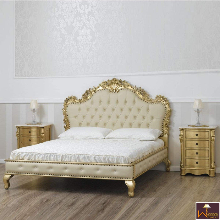 Golden Queen Size Teak Wood Bed Heavy Carved with Cushioned Design