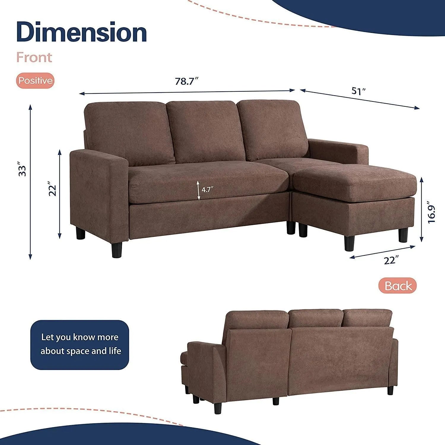 Convertible L-Shaped Wide Reversible Sectional Sofa 3 Seater With Ottoman - Wooden Twist UAE