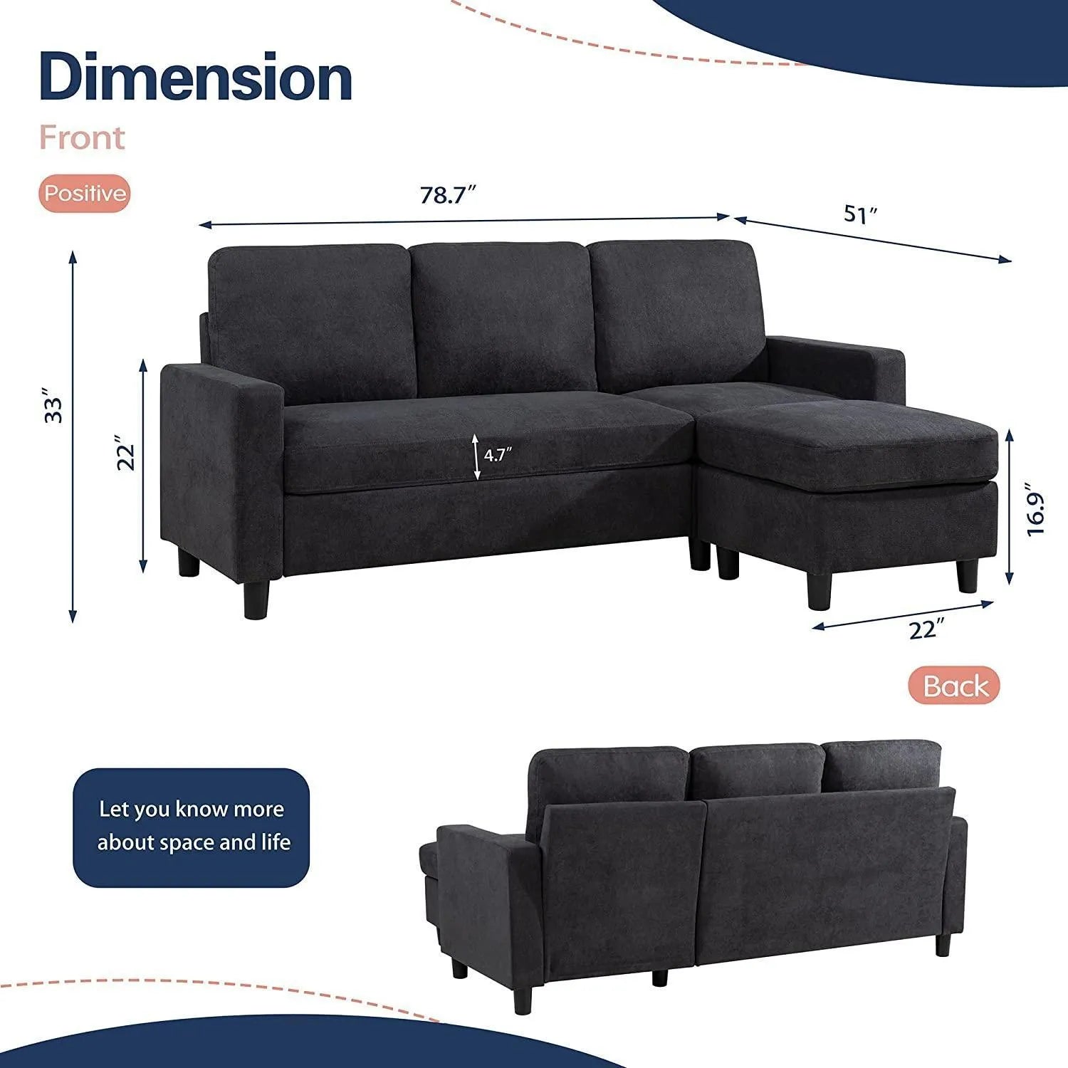 Convertible L-Shaped Wide Reversible Sectional Sofa 3 Seater With Ottoman - Wooden Twist UAE