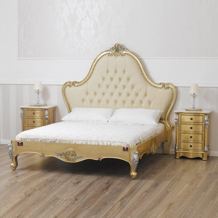 Golden Queen Size Teak Wood Bed Hand Carved with Cushioned Design