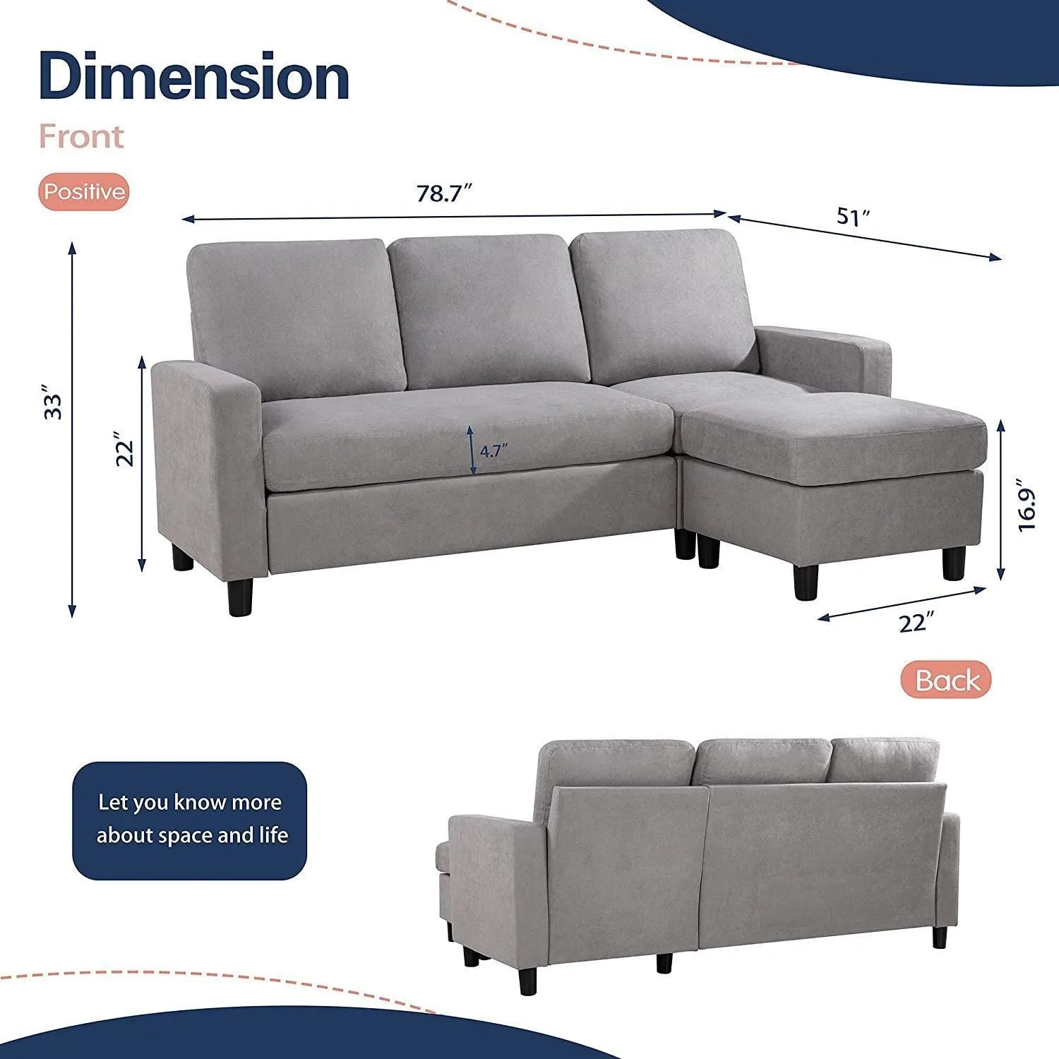 Convertible L-Shaped Wide Reversible Sectional Sofa 3 Seater With Ottoman - Wooden Twist UAE