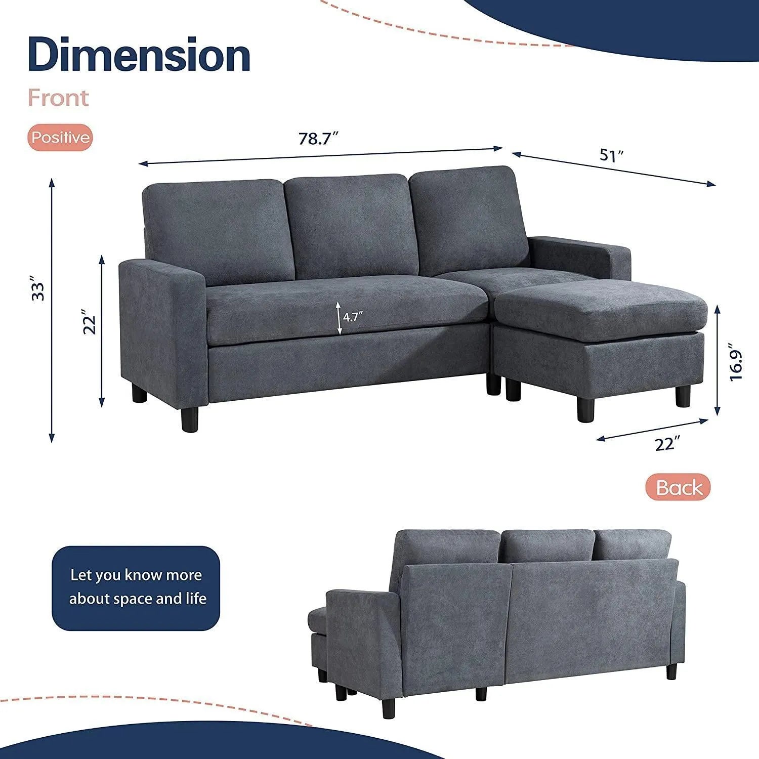 Convertible L-Shaped Wide Reversible Sectional Sofa 3 Seater With Ottoman - Wooden Twist UAE